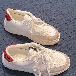 Shushop sally red heal beige & black cloth pull tab like new size 8